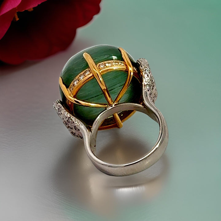 Custom Made Designer 61 Carat Cats Eye Tourmaline, Diamond, Platinum and 18K Yellow Gold Ring