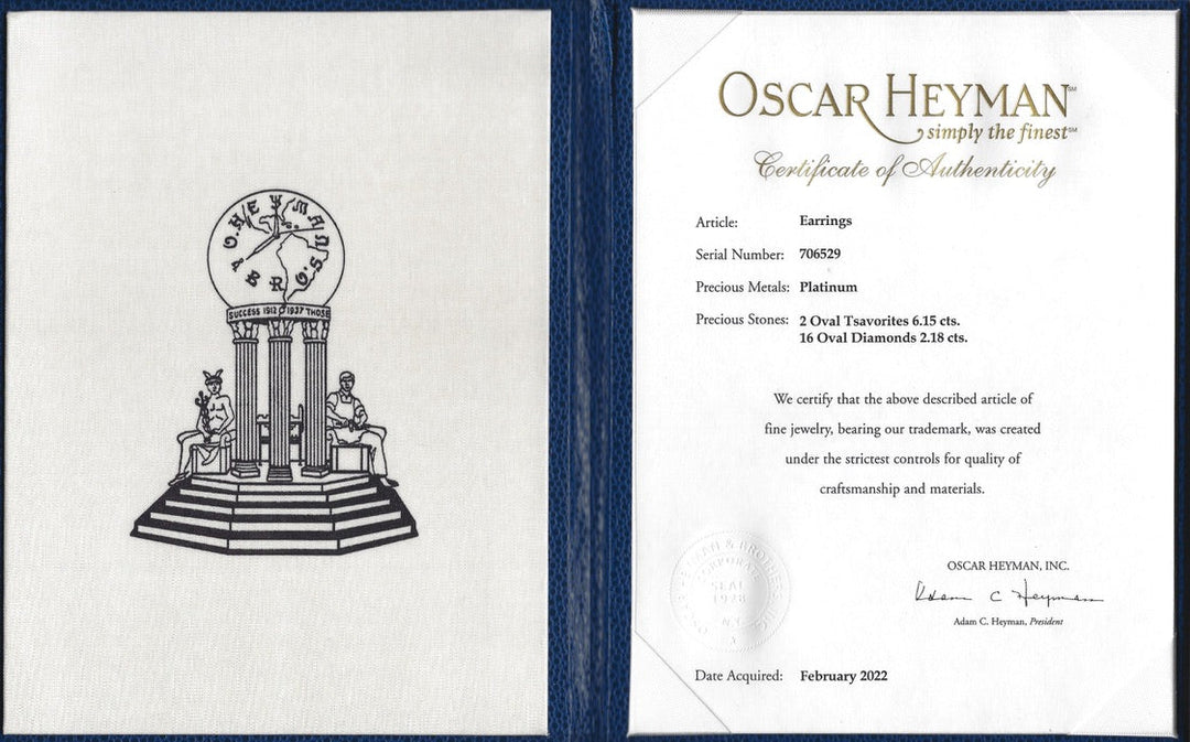 Estate Oscar Heyman Natural 6.15cttw Tsavorite and Diamond Platinum Earring (CDC Report)