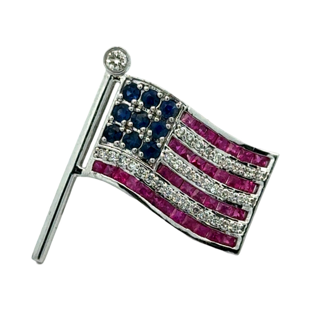 The Presidential  American Flag Diamond, Ruby, Sapphire Lapel Brooch 14K White Gold 15278