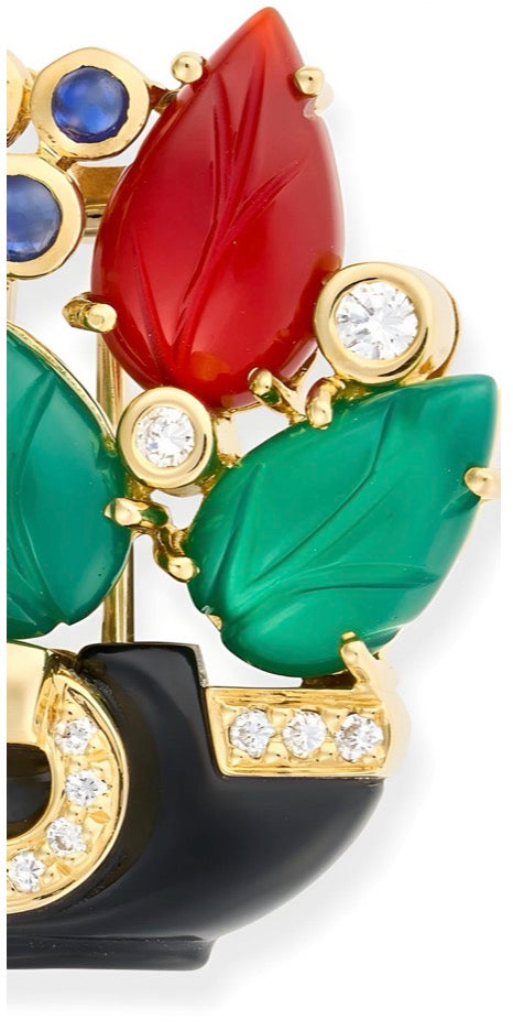 Cartier Paris 1991 Revival "Tabriz Collection" Basket Diamond, Chalcedony, Sapphire, Black Onyx, Carnelion 18Kt Yellow Gold Pendant/Brooch