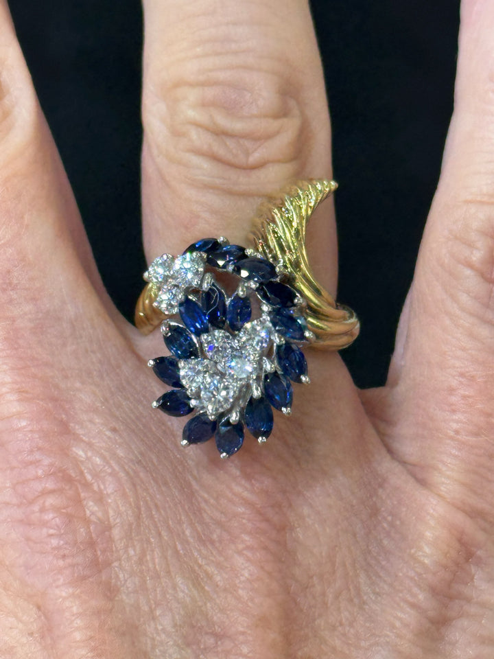 Vintage Diamond and Sapphire Freeform 14k Yellow and White Gold Ring