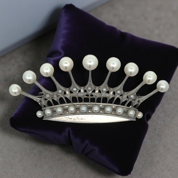 Designer Mikimoto Cultured Pearl and Platinum Crown Brooch
