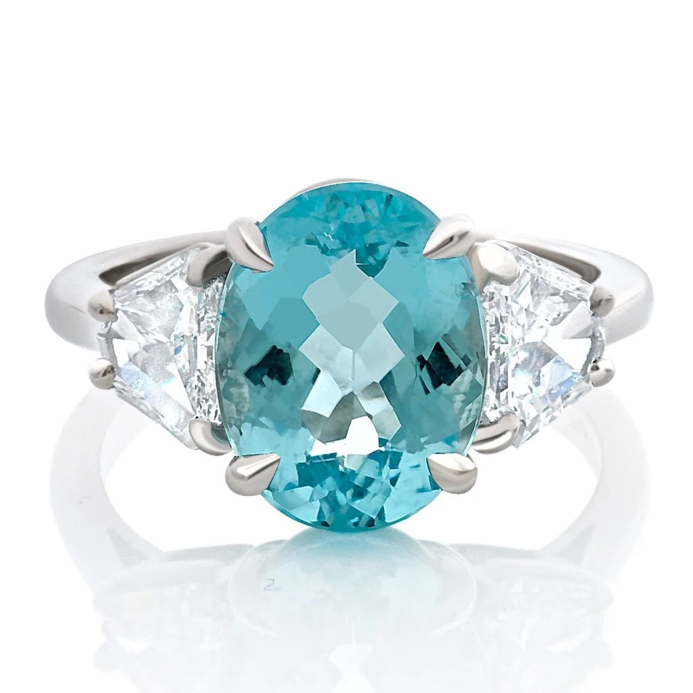Estate 3.84ct. Paraiba Tourmaline & .93cttw. Shield Cut Diamond Platinum Ring (GIA)