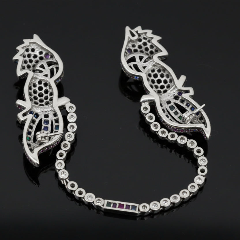 Tutti Frutti Influence Double Clip (Duette) Diamond, Onyx, Emerald, Sapphire, Ruby 18K White Gold Parrott Brooch