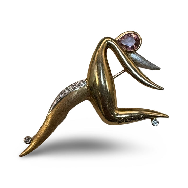 Designer Kazuo Ogana Diamond and Kunzite Platinum and 18kt Yellow Gold Ballet Dancer Pendant/Brooch