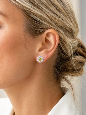 2.50 CTW Yellow & White Lab Grown Diamond Floral Cluster Stud 14K Yellow Gold Earrings