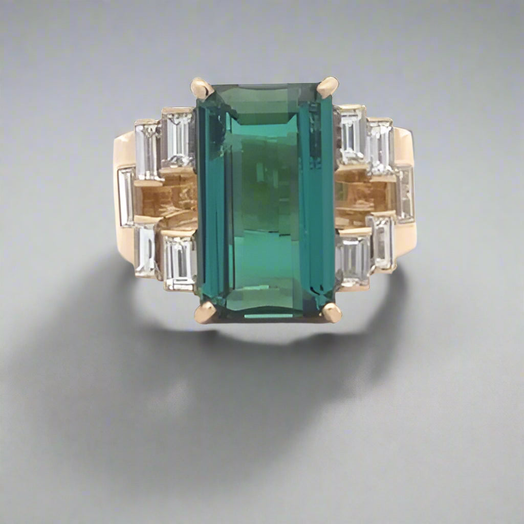 Green Tourmaline, Diamond and 18K Yellow Gold Statement Ring