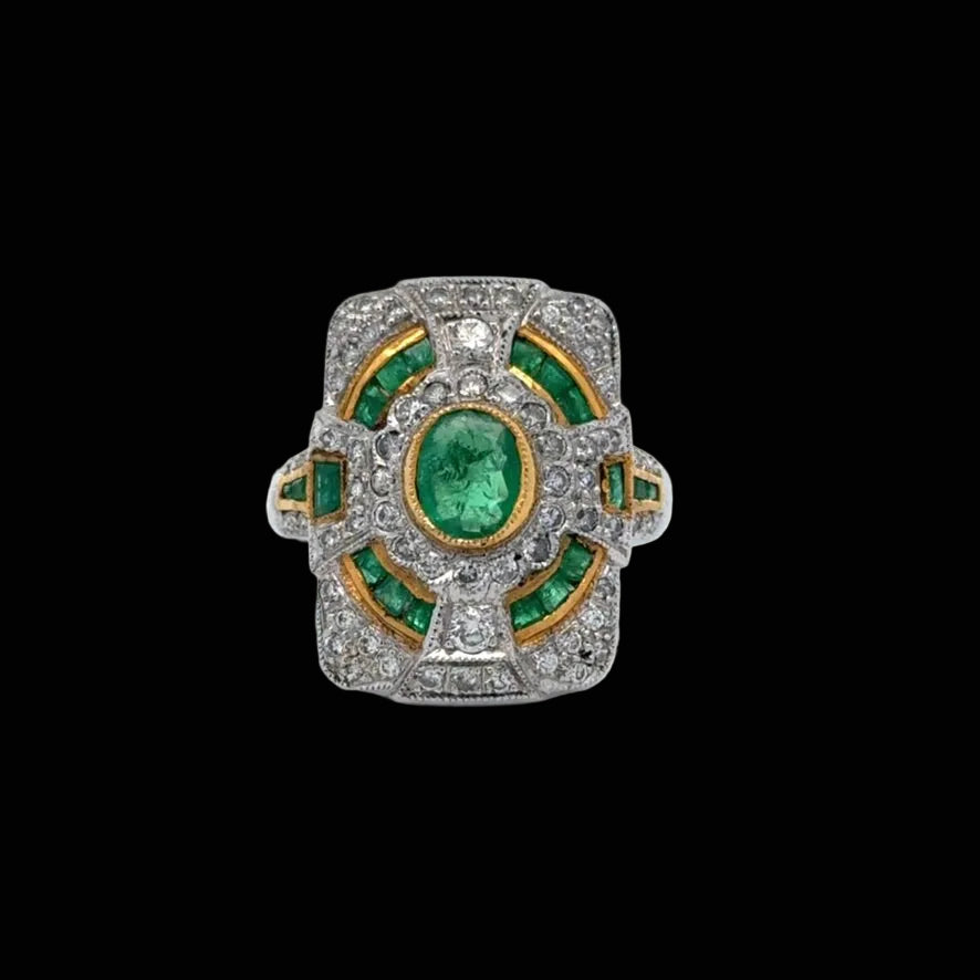 Vintage Emerald & Diamond 18K White & Yellow Gold Ring