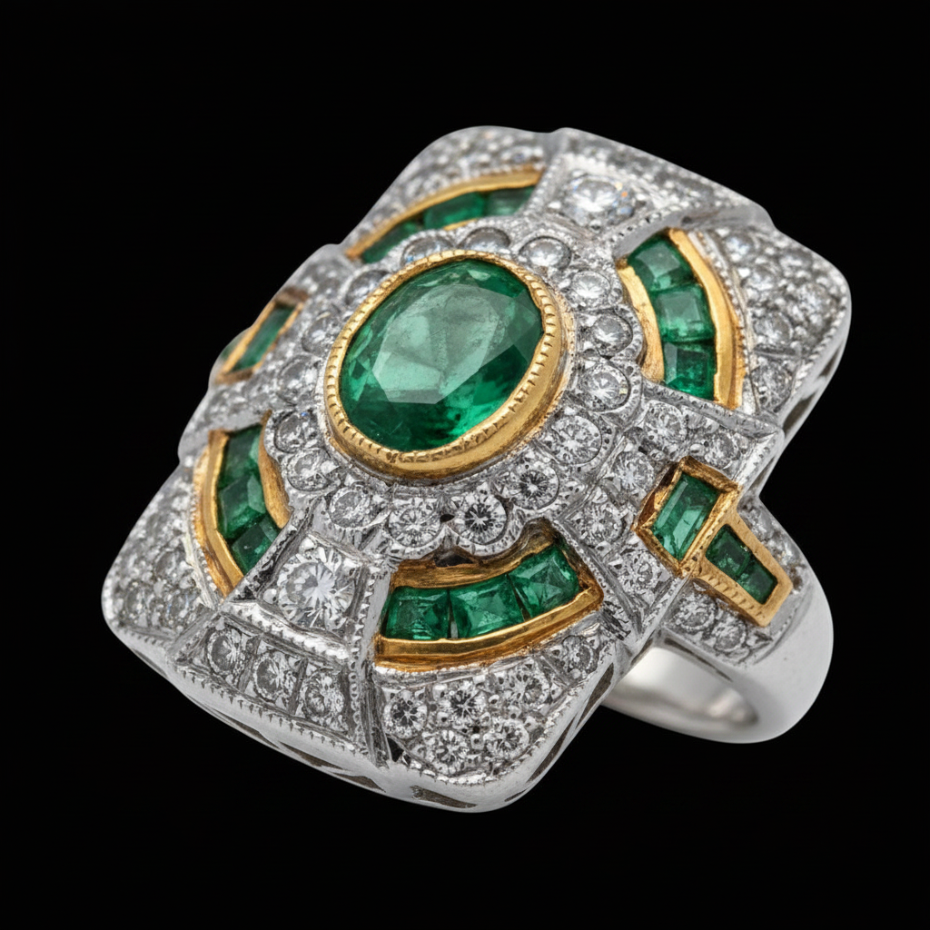 Vintage Emerald & Diamond 18K White & Yellow Gold Ring