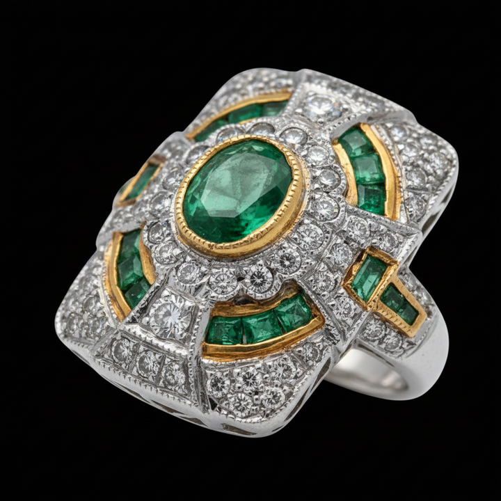 Vintage Emerald & Diamond 18K White & Yellow Gold Ring