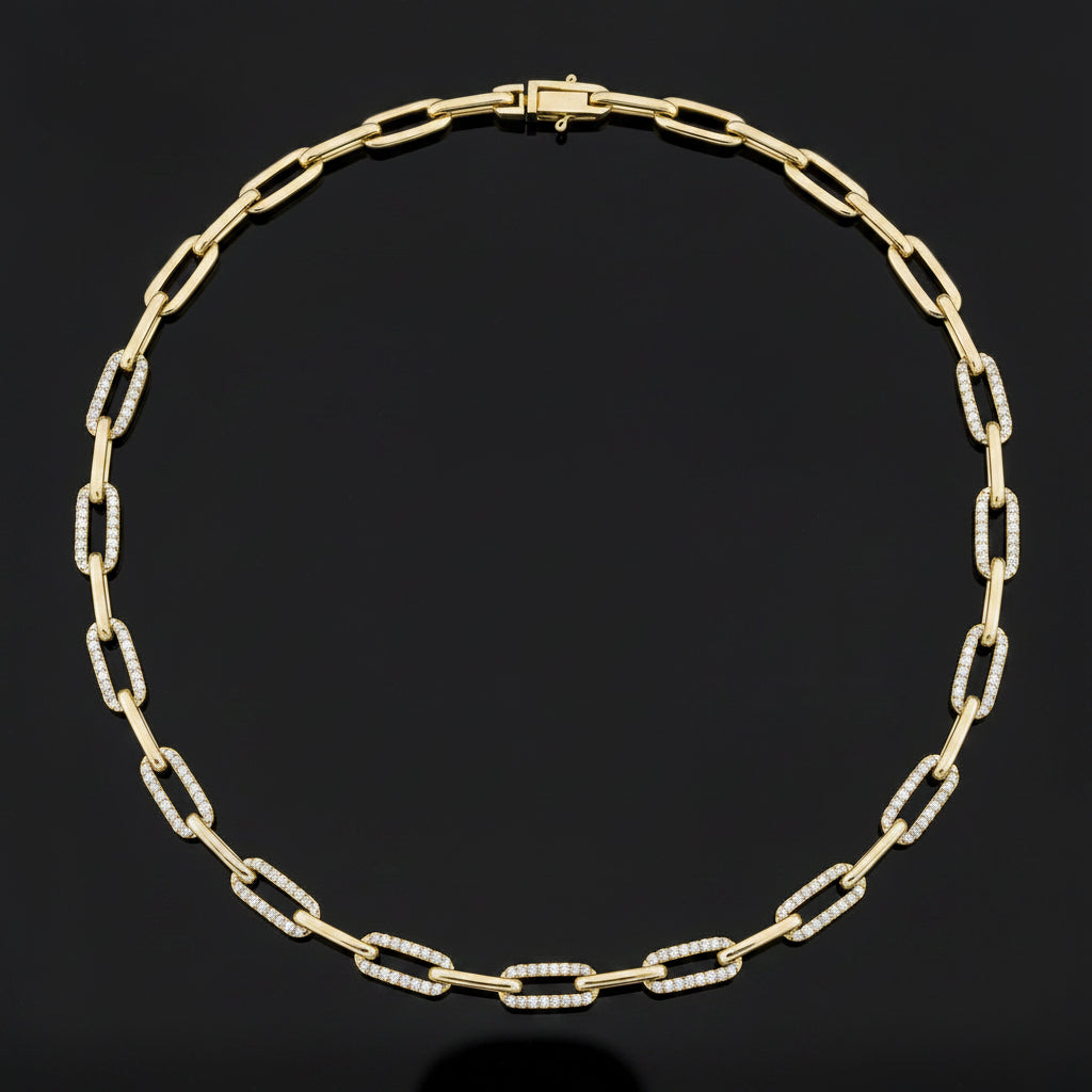 Designer Italian Paper Clip Diamond 14Kt Yellow Gold Necklace