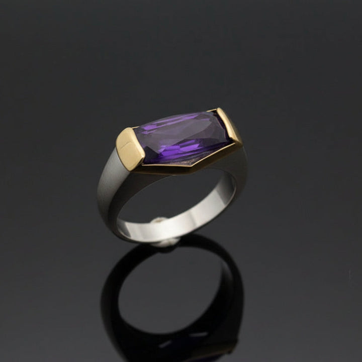 Italian Designer Checker Board Cut Amethyst 18K Yellow and White Gold Ring