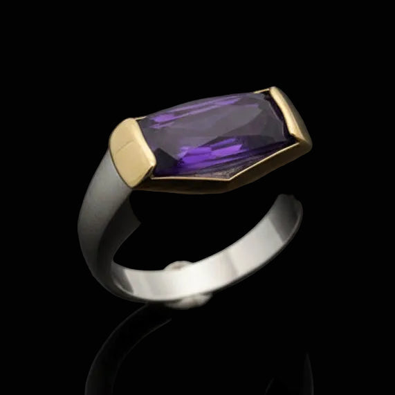 Italian Designer Checker Board Cut Amethyst 18K Yellow and White Gold Ring