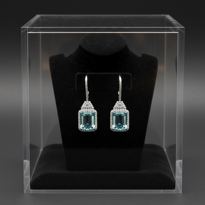 Modern Diamond and Aquamarine Dangle 14k White Gold Earrings