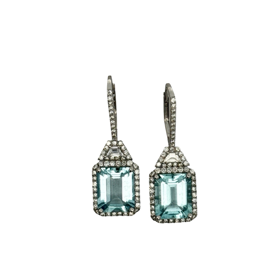 Modern Diamond and Aquamarine Dangle 14k White Gold Earrings