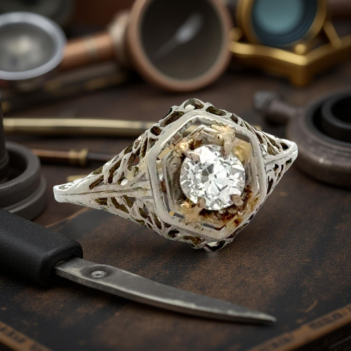 Art Deco .46ct. Old European Cut Diamond Filigree 14k White Gold Ring