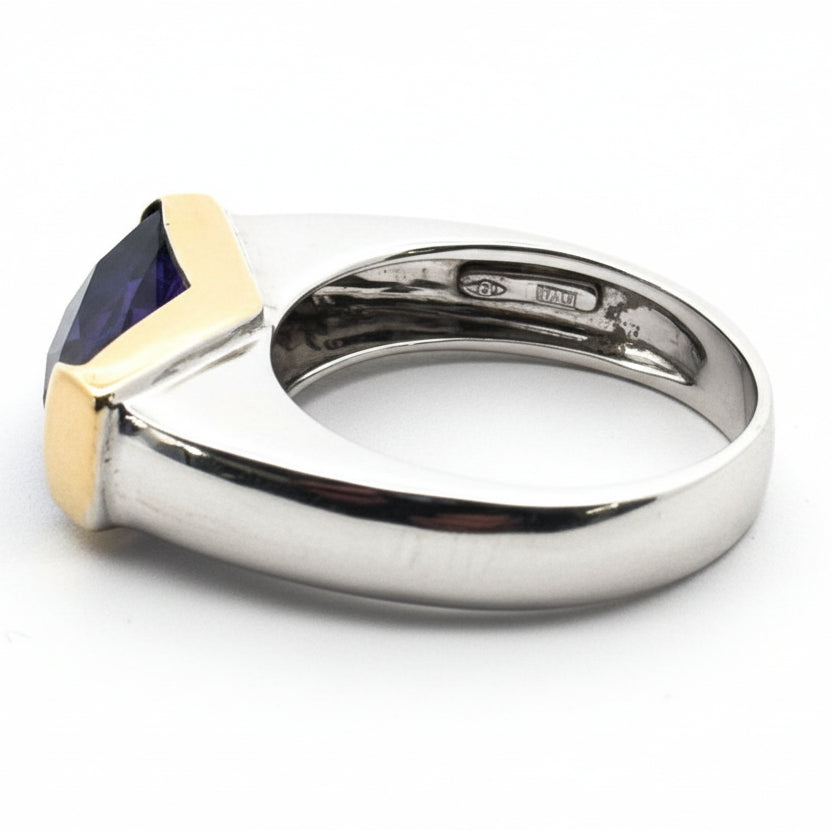 Italian Designer Checker Board Cut Amethyst 18K Yellow and White Gold Ring
