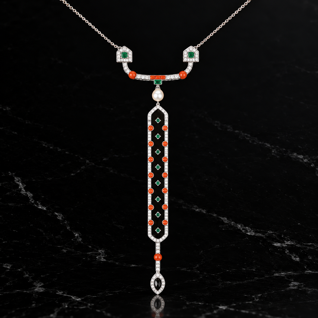 Diamond, Coral, Emerald, Pearl and Onyx 18K White Gold Necklace