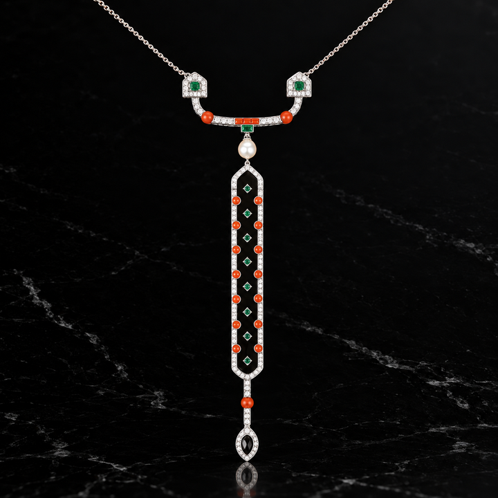 Diamond, Coral, Emerald, Pearl and Onyx 18K White Gold Necklace