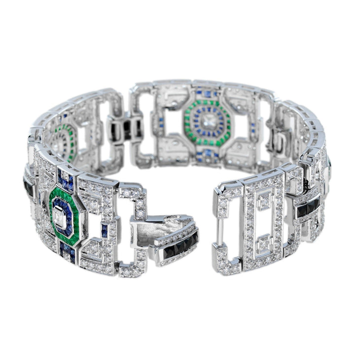 Art Deco Style Diamond, Onyx, Sapphire and Emerald New Bracelet