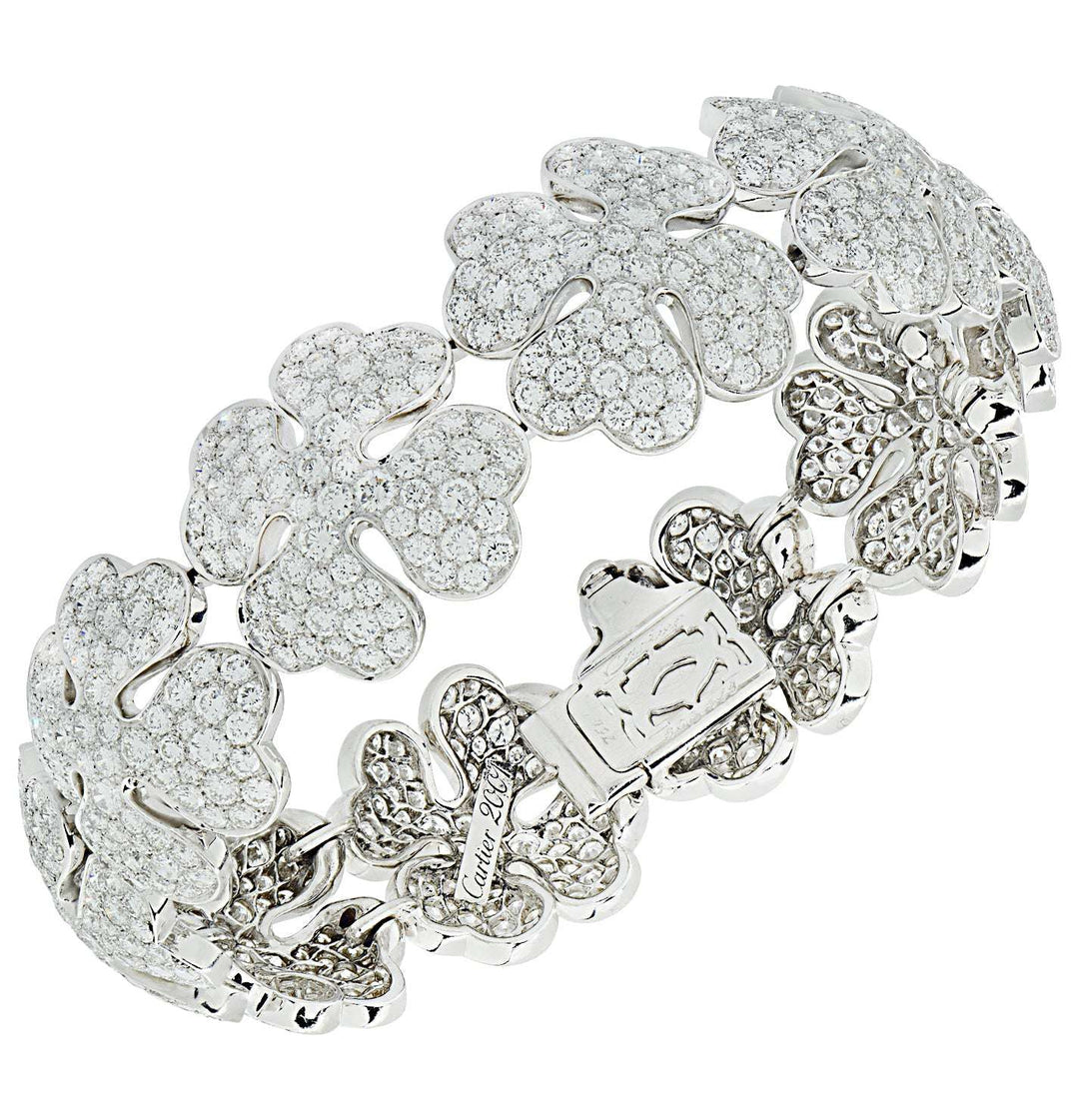 Estate Vintage Cartier 80.19cttw Diamond Clover 18Kt White Gold Necklace & Bracelet Set