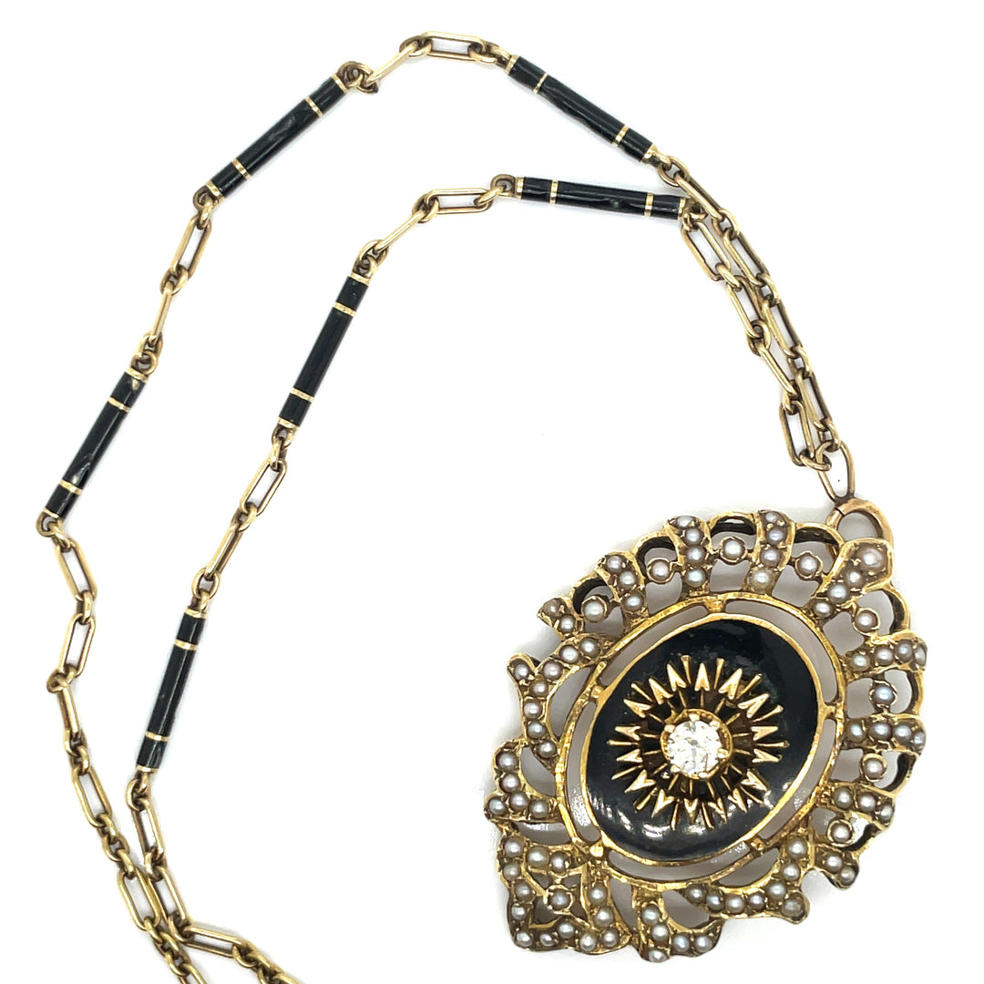 Vintage Diamond, Pearl and Black Enamel Necklace