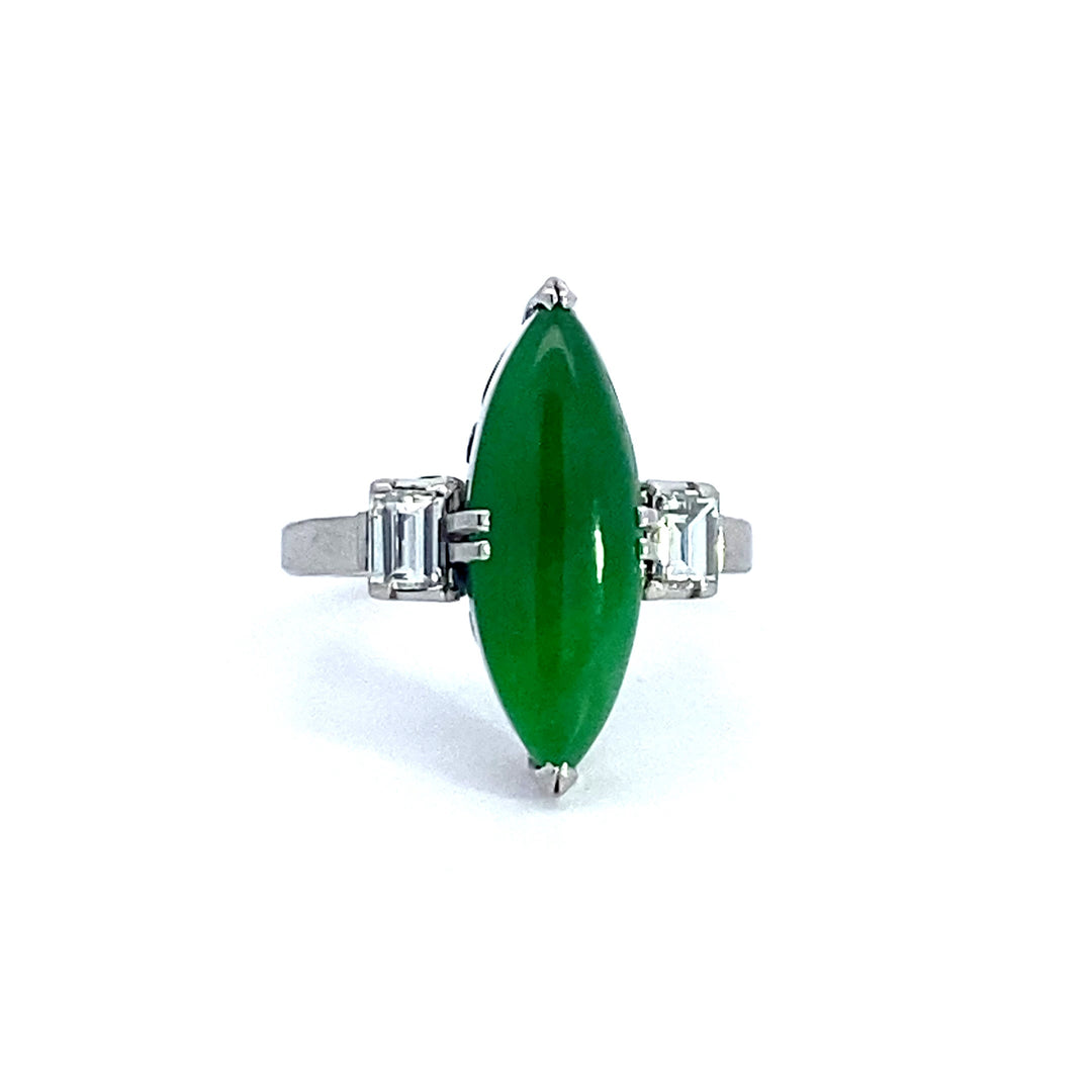 Estate 18 x 6 mm Jade Diamond Platinum Ring 14199