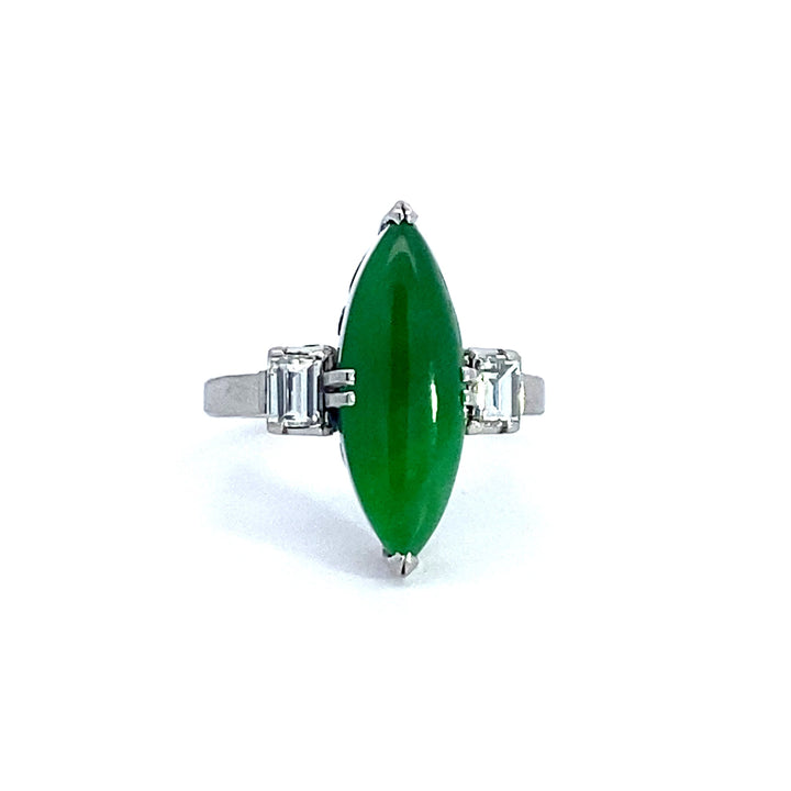 Estate 18 x 6 mm Jade Diamond Platinum Ring 14199