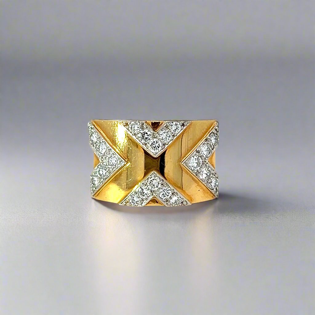 David Webb 18k Yellow Gold, Platinum and  Diamond Estate X Ring