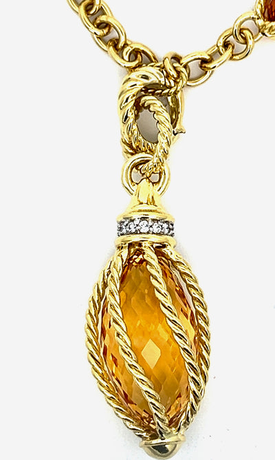 Estate David Yurman 18K Yellow Gold 40" Long Figaro Link Chain with Large Citrine Briolettes  Necklace