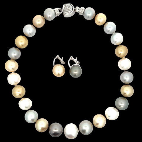Estate Damiani South Sea Multi Color Pearl Earrings and Necklace