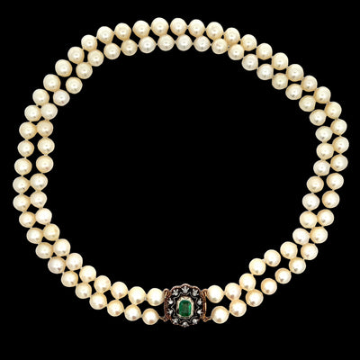Antique Double Pearl Strand with Diamond and Emerald Clasp Necklace