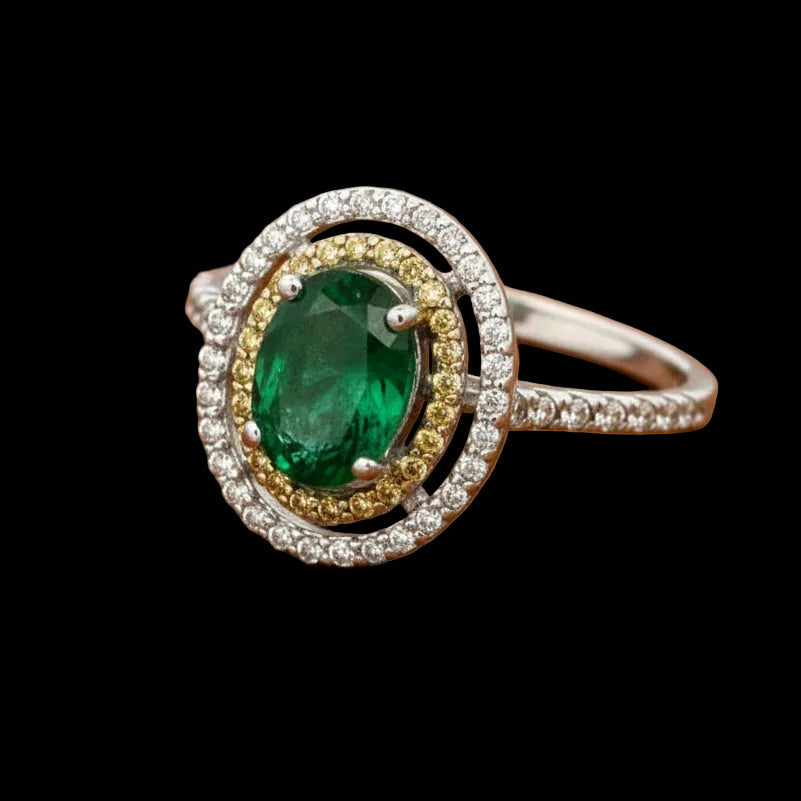 Effy Emerald, Yellow Diamond and 14K White Gold Double Halo Ring