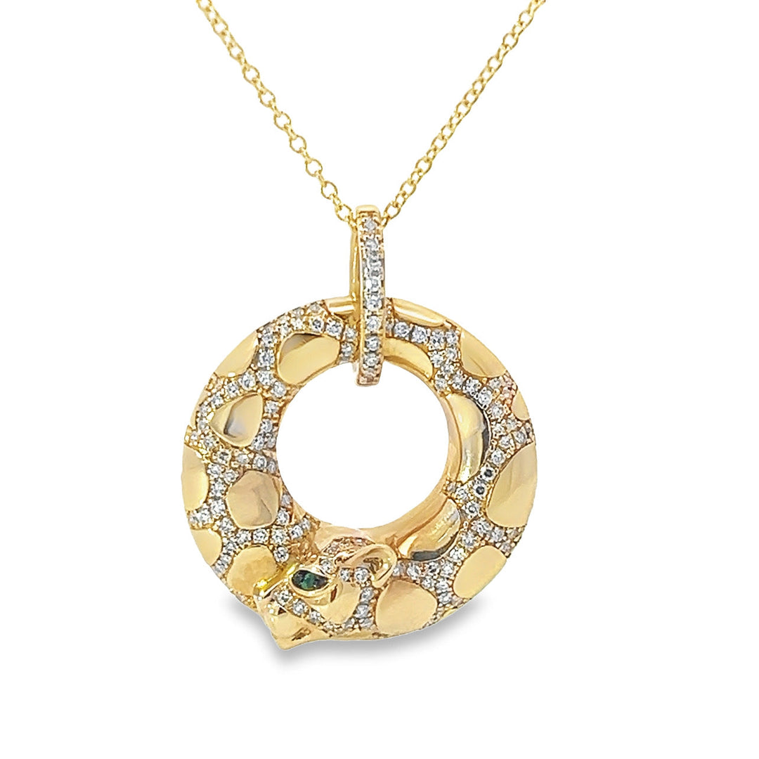Diamond, 14K Yellow Gold and Emerald Circle Panther Necklace