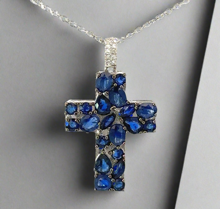 E.H. Collection Sapphire & Diamond Cross Pendant With Chain 14422