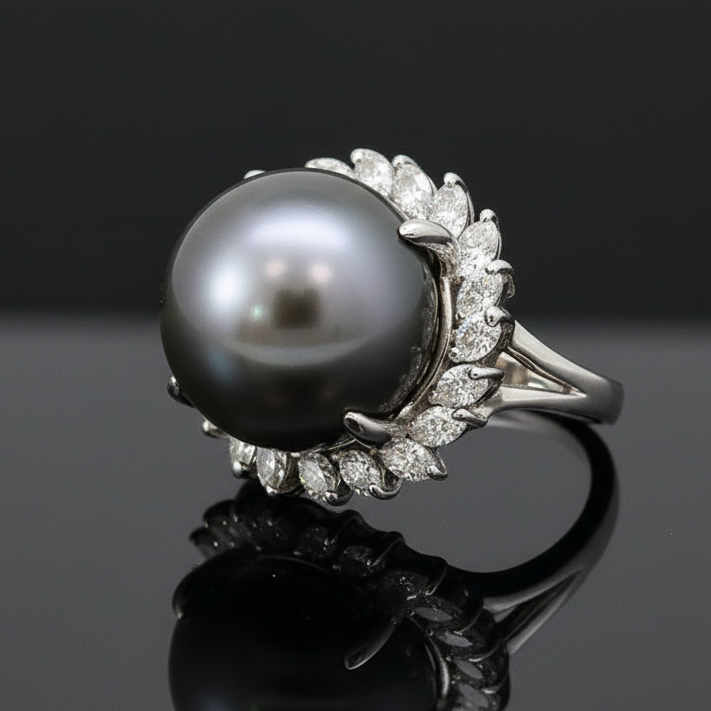 Estate Natural Tahitian Pearl and Diamond Ring 14205