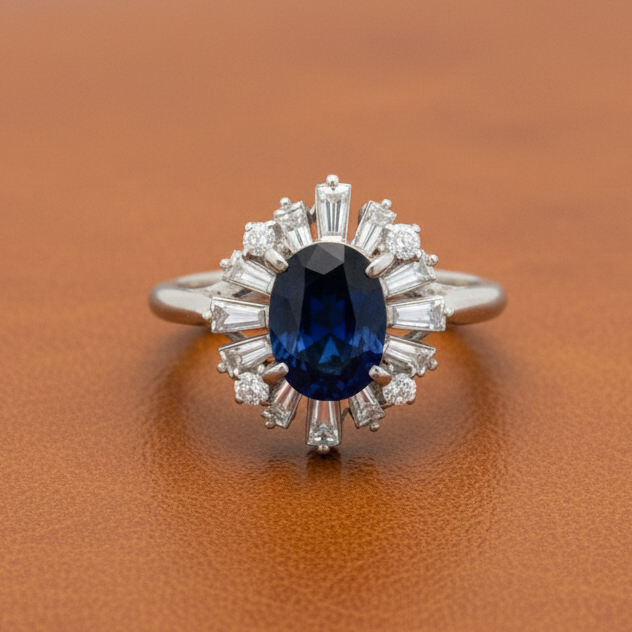Sapphire and Diamond Platinum Halo Ring