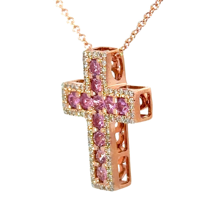 E.H. Collection Pink Sapphire & Diamond Cross Pendant With Chain 14421
