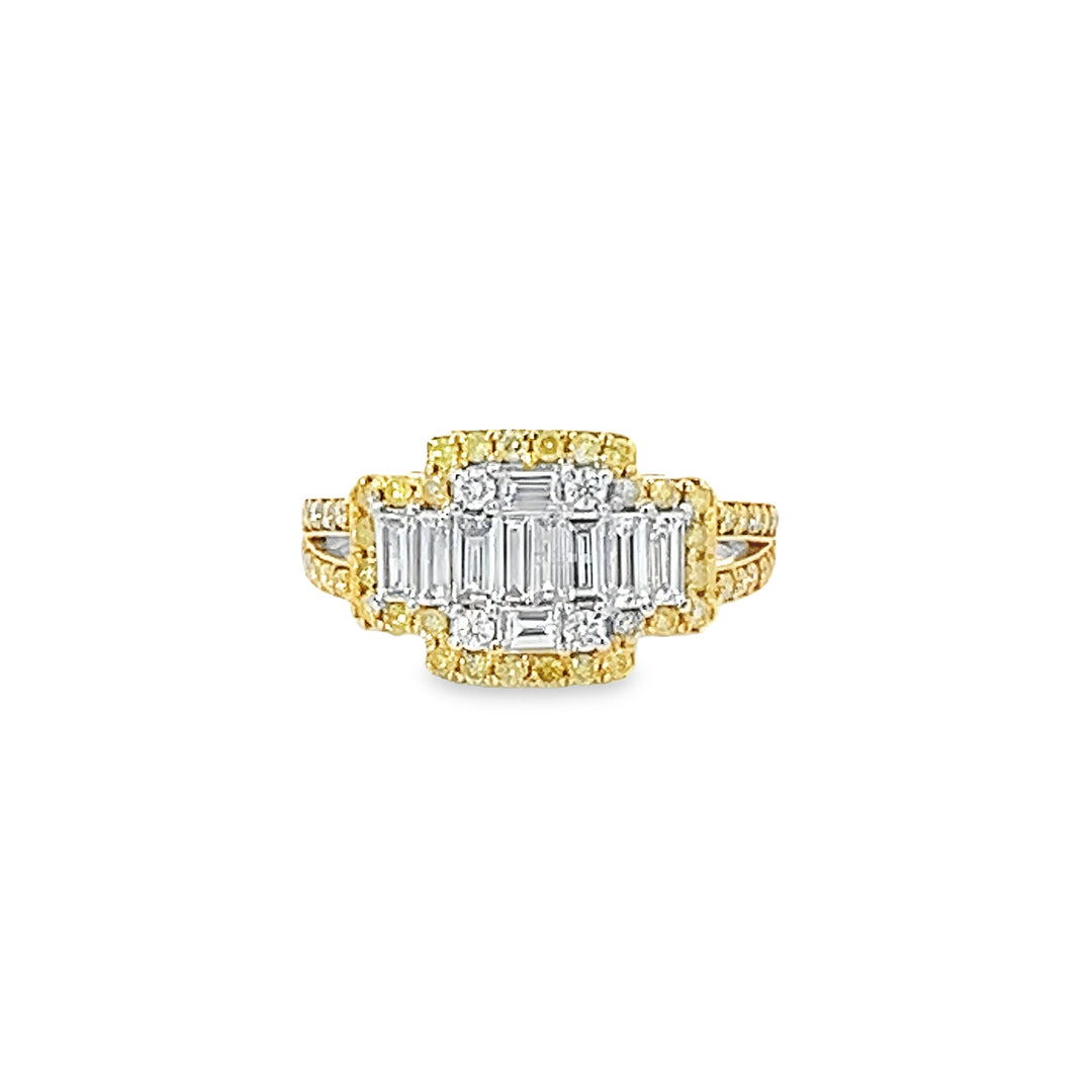 Fancy Yellow and White Natural Cluster Illusion Set Diamond Ring