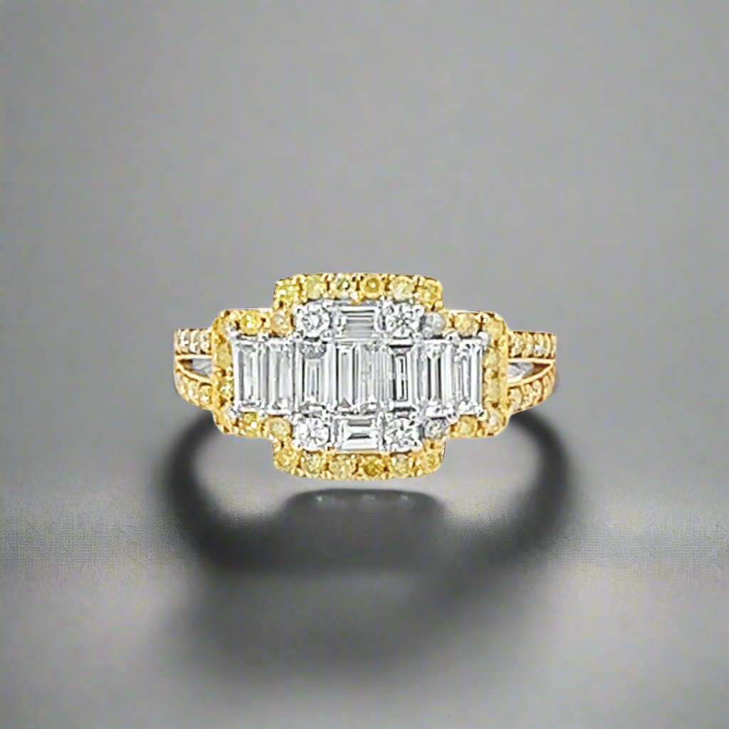 Fancy Yellow and White Natural Cluster Illusion Set Diamond Ring