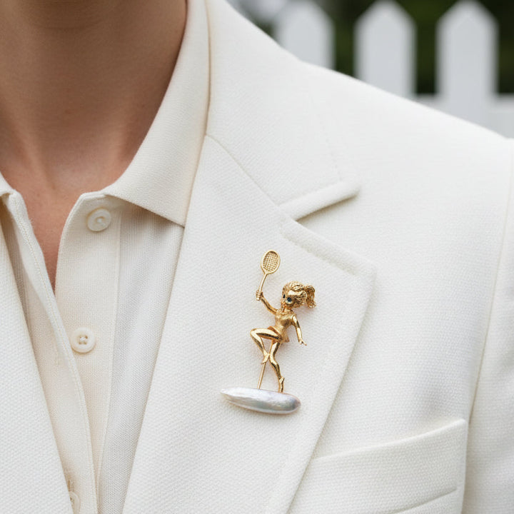 Estate Designer William Ruser "The 1960's Palm Royale" Tennis Biwa Pearl Pendant/Brooch 14729