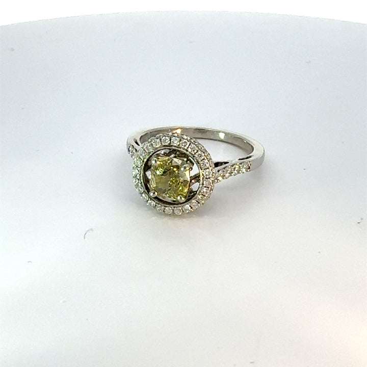 Estate 1.31 ct Natural Fancy Brownish Greenish Yellow (GIA) Diamond 14K White Gold Ring 14740