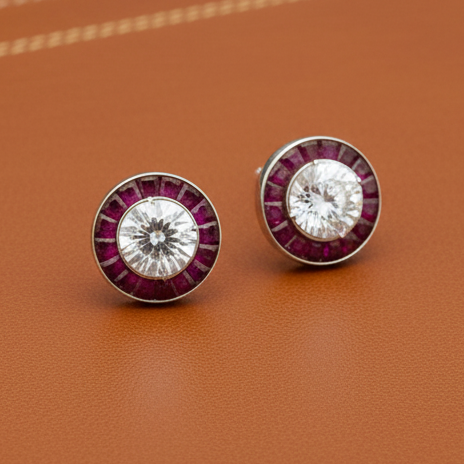Ruby Earrings 18K White Gold Earrings (Center CZ)
