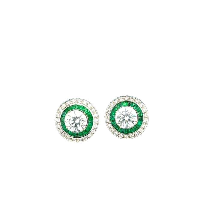 Emerald and Diamond 18K White Gold Earrings (Center Stone CZ)
