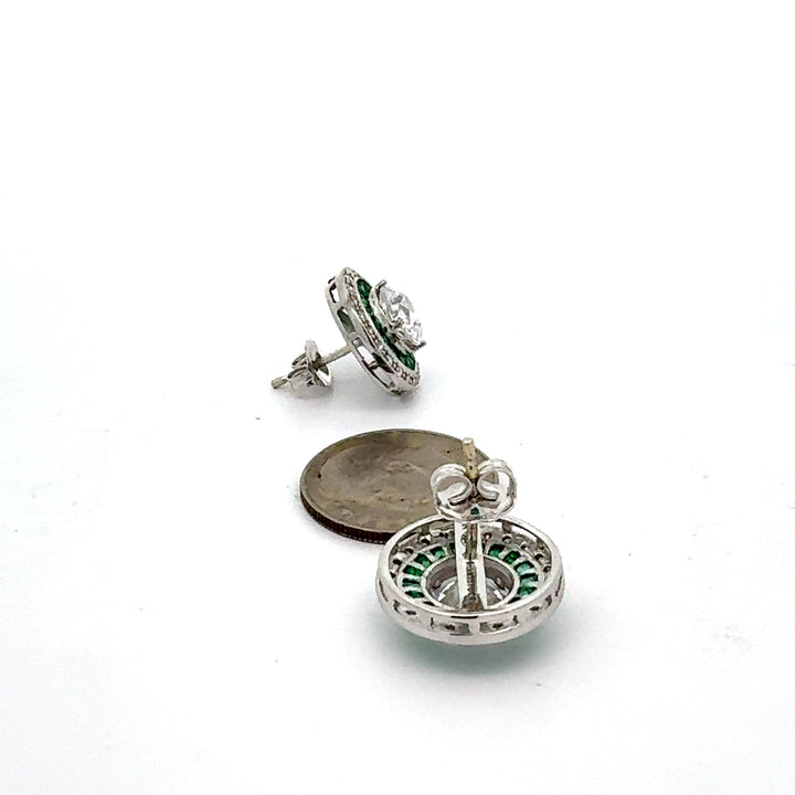 Emerald and Diamond 18K White Gold Earrings (Center Stone CZ)