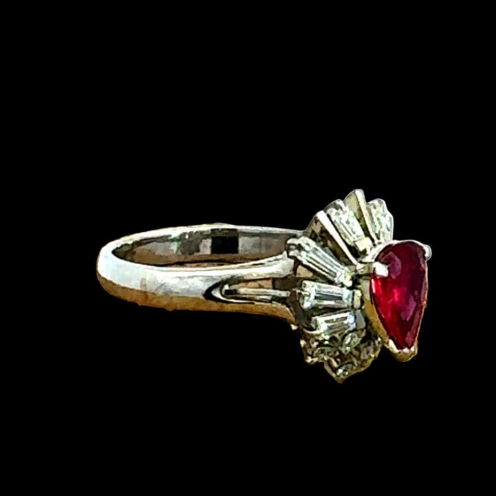 Estate .87 ct Pear Shape Ruby Diamond Platinum Ring 14997