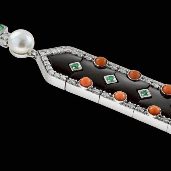 Diamond, Coral, Emerald, Pearl and Onyx 18K White Gold Necklace