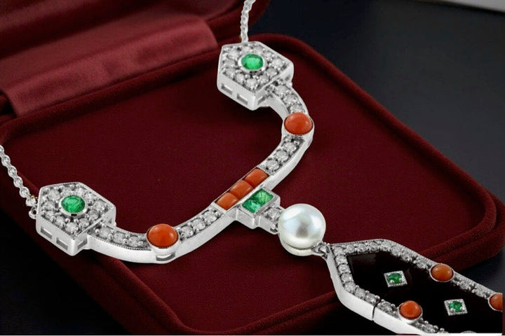 Diamond, Coral, Emerald, Pearl and Onyx 18K White Gold Necklace