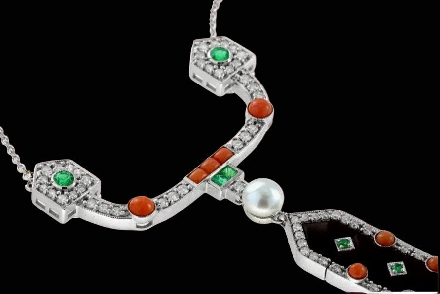 Diamond, Coral, Emerald, Pearl and Onyx 18K White Gold Necklace