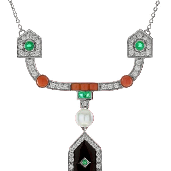 Diamond, Coral, Emerald, Pearl and Onyx 18K White Gold Necklace